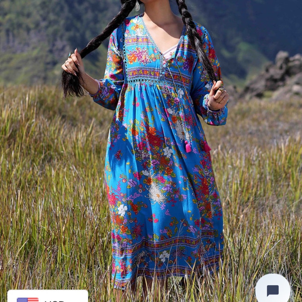 Tulle and Batiste Blue Jewel Boho Dress L